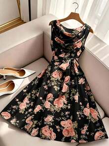 CURVE Vestido floral sin mangas con lazo en la cintura para mujer de talla - Negro - Ver 4