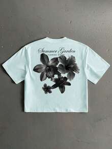 Manfinity LEGND Men's Floral Handwritten Font Print Casual Loose Fit Short Sleeve T-Shirt, Dating And Meeting Essential,  Couple Gift For Boyfriend - 藍色 - 查看 1