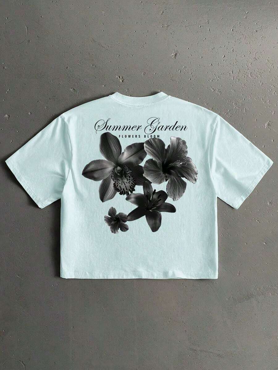 Manfinity LEGND Men's Floral Handwritten Font Print Casual Loose Fit Short Sleeve T-Shirt, Dating And Meeting Essential, Couple Gift For Boyfriend - 藍色 - 查看 1