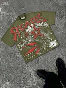 Break The SystemMen's Washed Vintage Crewneck T-Shirt, 100% Cotton 180GSM, Godspeed Highway Car Print, Retro Faded Style, American Streetwear, - 軍綠色2 - 查看 2