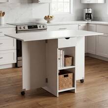 Mobile Folding Dining Table, Drop Leaf Table With 2 Wheels, 2-Layer Storage Rack & Drawer, Extendable Kitchen Table For Small Space, Dining Room, Living Room (White) - White - View 8