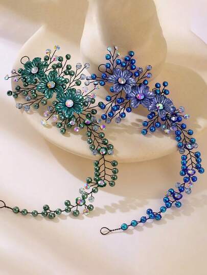 1pc Elegant Floral Pearl Headband With Sparkling Rhinestones, Princess Style Flower Crown Headpiece, Suitable For Bride, Wedding, Engagement, Party, Holiday, Daily Wear
