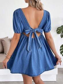 Vestido corto de maternidad de mezclilla azul con mangas de pétalo - Azul 2 - Ver 1