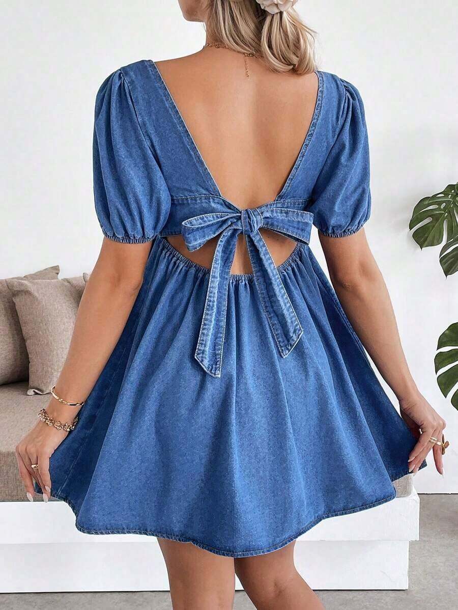 Vestido corto de maternidad de mezclilla azul con mangas de pétalo - Azul 2 - Ver 1