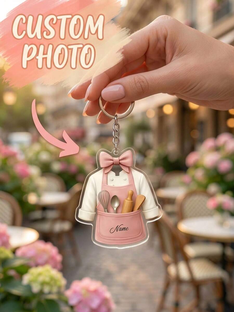 1pc Customized Name Baker Keychain, Pink Cooking Apron Key Ring, Cake Decorator Pendant, Cute Kitchen Whisk Keychain, Cooking Enthusiast/Chef Retirement Gift - Multicolor - View 1