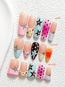 10pcs Y2K Style Handmade Nail Art Set, Pressed Nail Stickers, Colorful Fashion Diamond & Round Rhinestone Nail Decorations, Hand-Painted Star, Polka Dot & Stripe Nail Art Decals, Blue/Pink/Brown/Yellow/Orange Nail Polish, Retro Style, Includes Nail Tools (1 Jelly Sticker + 1 Nail File), 3 Sizes Available: Almond, Duck Mouth, Coffin Nails, Suitable For Party, Daily, Event, Photography, Spring/Summer Commute - Multicolor - View 1