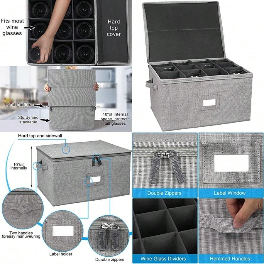 Recipiente de almacenamiento para copas de vino capacidad para 12 copas de vino tinto o blanco y caja de vidrio rígida con tapa dura y laterales juego de 1 - juego de 1 - Ver 1