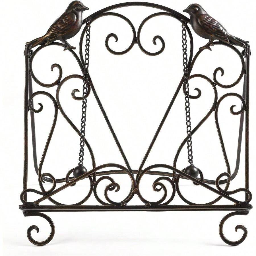 Metal Cookbook Stand  Recipe Book Holder For Kitchen (Birds/Vintage Scrolls, Bronze) - 鳥類 - 查看 1