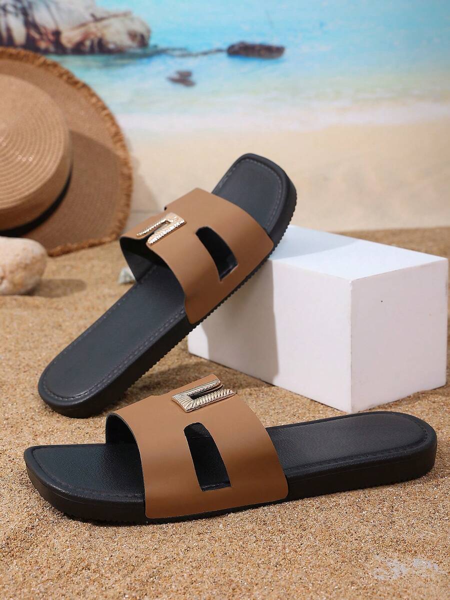 Sandales de sport décontractées pour femmes, pantoufles de plage pour l'extérieur, claquettes souples confortables antidérapantes, pantoufles de marque, couleur unie minimaliste - Tabac - Voir 1