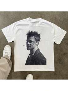 Retro T-shirt för män i 80-talsstil - svartvit halvton pixelkonst, bohemisk T-shirt med normal passform, ikonisk filmstjärnedesign, bekväm att bära under alla årstider, populär kulturell klädsel omtyckt av 80-talsfans, T-shirt med rund hals och geometriskt mönster för vuxna, lämplig för vardagskläder, boxning och fritidskläder, inspirerad av retrofilmets estetik, unisex. - Vitt - Visa 6