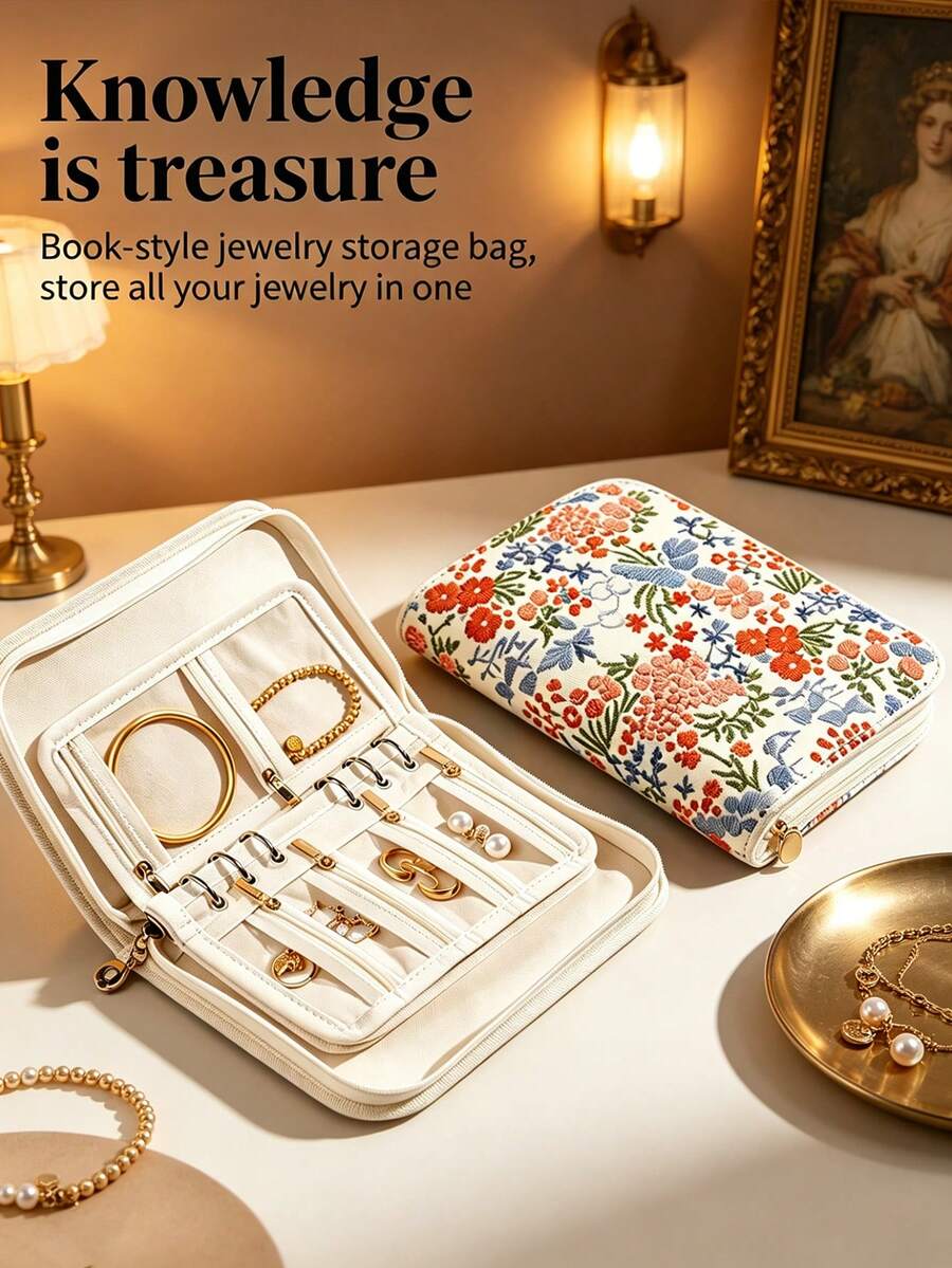 書本式刺繡珠寶收納袋 5格活頁分隔儲存 戒指耳環項鍊防纏繞便攜收納包
