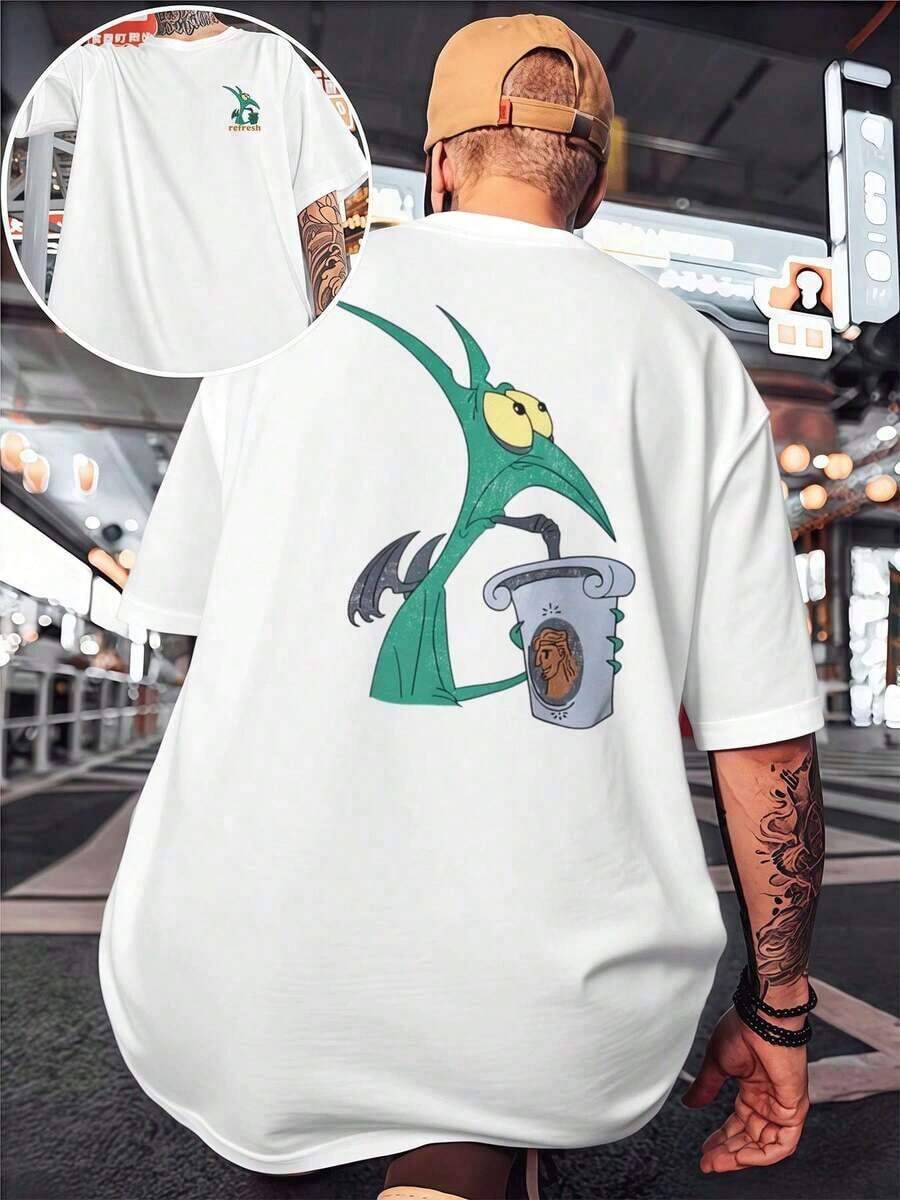 Graphic T-Shirt Hades Hercules Drink, Crew Neck, Printed On Both Sides, Casual, Men's Fashion, 220 G/M² Cotton (1 Piece)Tee - 白色 - 查看 1