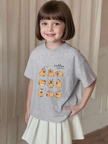 Young Girl Summer T-Shirt For Girls, Featuring An Adorable Custom Coffee Bear Design On A Classic Round-Neck Cut, Perfect Short Sleeve Fit For Comfortable Everyday Wear; Oversized Top In A Sweet Style, Brilliantly Combining Preppy And Streetwear Elements, Bringing Out A Mix Of Cute And Unique Flair This Summer. - Ash - View 3