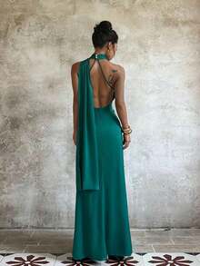 Elegante vestido de punto de una pieza en color sólido con espalda descubierta.Perfecto para fiestas, bodas y citas nocturnas de verano - amarillo ganso - Ver 7