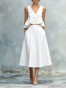 Old Money Linen-Blend Peplum V-Neck Sleeveless Top & High-Waisted Wide Leg Culottes Two-Piece Set, Vacation Outfits Women, Effortless Elegant Aesthetic - 白色 - 查看 2