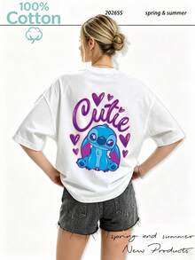 Disney Authorized "Lilo & Stitch" Shi Diqi Pattern Ladies Round Neck 100% Cotton T-Shirt-Light Summer Casual Short Sleeves, Convenient Machine Washing, Everyday Versatile Tops, Fashionable Wear Design, Breathable Fabrics, A Must For Pop Culture Fans. - màu đen - Xem 7