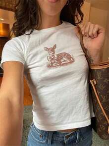 2026 Baby T-Shirt With Deer Print, Fitted White Short-Sleeved Top In Y2K Style. - 黑色 - 查看 5
