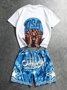 FRACTYR Herren American Street Style Rosa Camouflage Stern Muster Rundhals Kurzarm Lässig T-Shirt und Kordelzug Taille Shorts Lässig Set, bequem und atmungsaktiv, geeignet für den Sommer - Blau - Übersicht 5