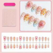 24pcs Ocean Style Almond Shaped Acrylic Nail Stickers With 3D Starfish, Seashell & Floral Patterns, Pearlescent Metallic Decorative Glossy Full Cover False Nails, Suitable For Women & Girls Summer Beach Holiday Daily Wear - 彩色 - 查看 9