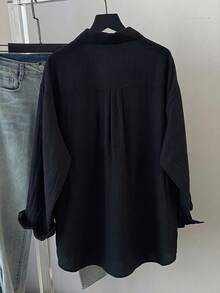 大码女式口袋衬衫，纯色长袖休闲宽松上衣，春夏黑色 - 黑色 - 查看 4