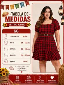 Plus Size Checkered Dress With Square Neckline And Short Sleeves For June Festival (São João) - 紅色和黑色 - 查看 8