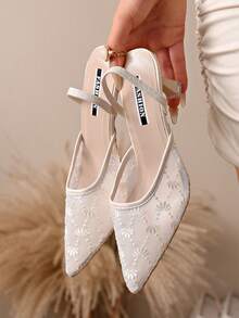 New Chinese Style White High Heel Mules, Pointed Toe Lace Embroidery Convertible Sandals For Women - White - View 5