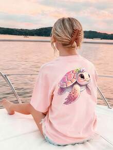 Cute Sea Turtle Print Short Sleeve T-Shirt For Teenage Girls, Casual - Pink - View 2