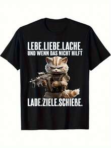 Camiseta divertida de gato para hombres con el eslogan "Vive, ama, ríe, yo soy un gato" y un gráfico de un gato empuñando un arma - Camiseta de algodón negro con un ajuste holgado, camiseta humorística, adecuada para propietarios de gatos, regalo de cumpleaños para amantes masculinos de los gatos, ropa divertida para uso diario. - Negro - Ver 2