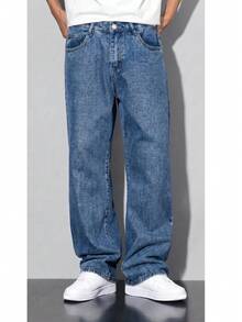 Men's Balloon Jeans, Straight Leg, Baggy Premium Streetwear, Oversized, Rapper Denim, Skater Style, Loose Fit - 藍色的 - 查看 12