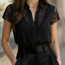 Fashion Women's Clothing  Blusa elegante de mujer con parches de encaje y manga corta abotonada - Negro01 - Ver 2