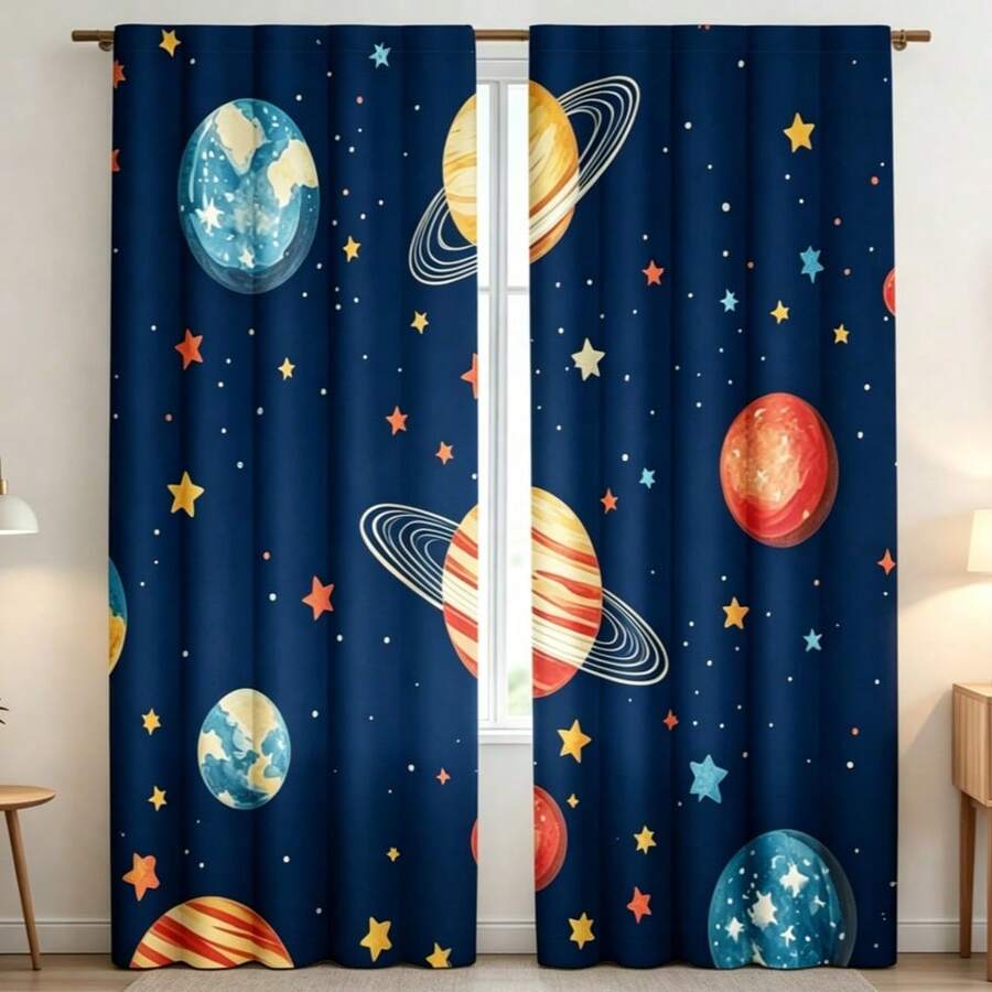 2件裝水彩卡通行星窗簾,太陽系星系主題,房間裝飾窗簾,桿袋設計,半透明聚酯纖維材質,適用於客廳、廚房、臥室及其他空間 - 彩色 - 查看 1