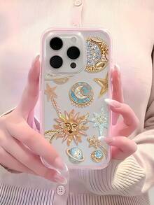 1pc Transparent Phone Case With Pink Frame, Minimalist Design, Starry Sky Rhinestone Pattern, Shockproof And Anti-Fall Protection, Compatible With IPhone 16 Pro Max, 17/16/15/14 Plus, 13/12/11, Series - Multicolor - View 4