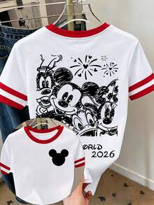 [Disney Official Authorization] Women's Casual Short Sleeve Round Neck Graphic Tee Top, Stylish Knitted Fabric T-Shirt With Print For Everyday Wear Disney Land .The Print Features A Black-And-White Sketch-Style Design Of Classic Disney Characters, Including Mickey Mouse, Minnie Mouse, Donald Duck, And Goofy.Cartoon Loose Fit Versatile Couple And Family Matching Round Neck Short Sleeve T-Shirt Top - White - View 1