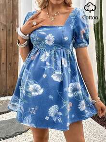 Vestido corto de maternidad de mezclilla azul con mangas de pétalo - Azul - Ver 8
