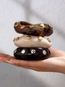 1 pieza Brazalete de resina con remache, conjunto de brazaletes acrílicos gruesos y asimétricos personalizados para mujer, apilables, adecuados para uso diario - Multicolor - Ver 11