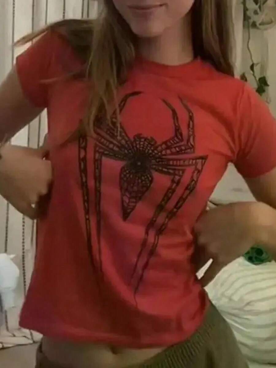 [Crop Top] 2D Flat Spider Web Design T Shirt Acrylic Pendant Ornament For Home Decor And Party Decoration Holiday Gift For Fans  Y2k Clothes Women,Summer Outfits For Women,Vacation Outfits Women,Dresses For Women Summer, Graphic Tees Women Crop - 紅色 - 查看 1