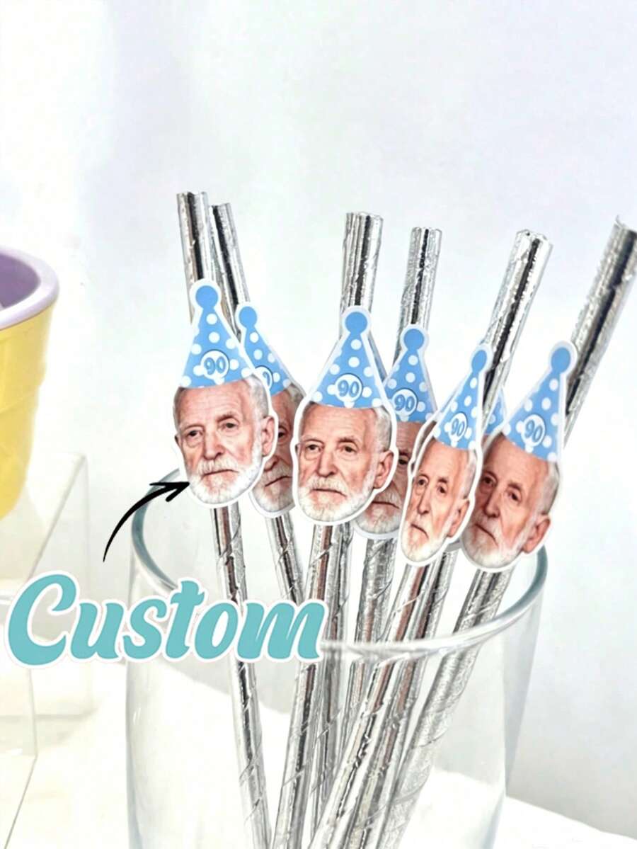 Personalized Photo Straws, 40-90 Years Old Birthday Decoration - Customized Photo Straws - 95th Birthday Tableware Decoration - Fun Birthday Straws, Multi-Functional, Decorative, Reusable, Ideal Gift For Men, Women, Boyfriend, Father - Multicolor - View 1
