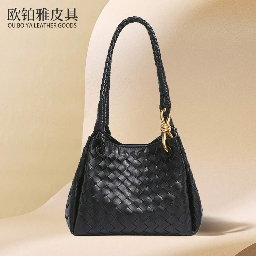 Bolso de mujer de cuero genuino tejido a mano BV Bottega Bang Bang de Andiamo Clutch Campana, bolso tipo cubo retro único con diseño de cuadros tejidos, bolso de mano versátil de estilo británico y lujo ligero, bolso de gran capacidad para mujer. - Verde matcha - Talla pequeña [Incluye bolsita y correa para el hombro] - Ver 1