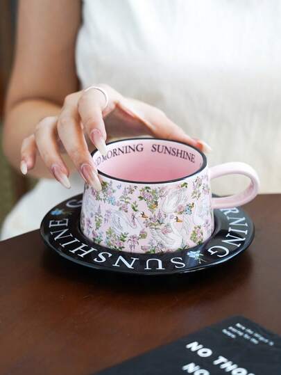 1 chiếc cốc sứ vẽ tay hình thiên nga và hoa hồng, cốc cà phê latte kiểu Pháp hình thiên nga và hoa hồng, cốc uống sữa, nước ép trái cây kiểu cổ điển, thích hợp cho nhà hàng, phòng khách, quán cà phê.