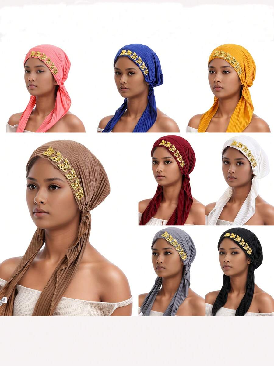 1pc Crinkle Solid Color Turban Hijab With Gold Rhinestone Decor, Stretchy Pre-Tied Head Scarf For Muslim Women, Instant Head Wrap Cap