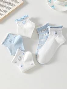 5 Pairs Women Cute Sweet White & Blue Bow, Heart, Cherry Print Short Socks, Student Socks, Comfortable Casual Creative Ruffled Socks, Random Colors, Suitable For Daily Wear All Seasons - Multicolor - View 4