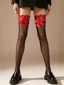 1 Pair Women's Black Transparent Thigh-High Stockings With Red Lace Trim And Bow, Sweet Gothic Lolita Style, High Elasticity, Suitable For Lolita Style And Night Wear - Multicolor - View 5