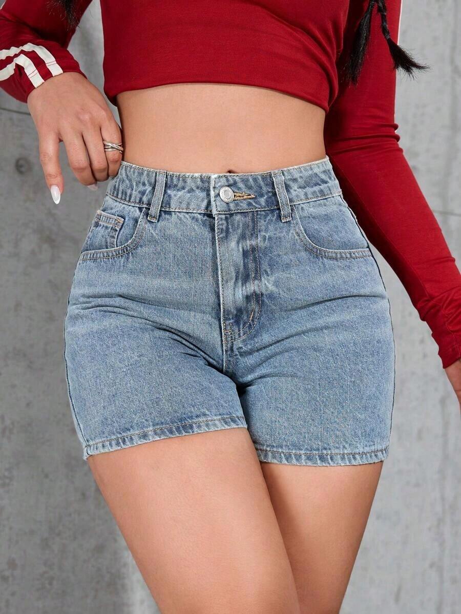 PETITE Shorts de mezclilla casuales y sencillos de unicolor para mujer, shorts de mezclilla de verano - Lavado ligero 2 - Ver 1