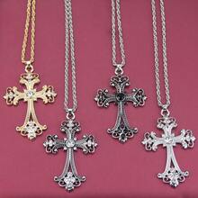 1pc Vintage European & American Cross Pendant Necklace, Inlaid With Rhinestones, Baroque Floral Pattern, Classical Religious Jewelry Cross Necklace - Pendant Necklace - View 3