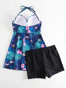 WaveBikini Navy Tropical Floral Halter Swim Dress, Underwire Ruched A-Line Skirt Swimsuit For Women - Multicolor - View 5
