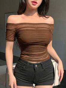 Blusa de malla elástica transparente con hombros descubiertos para mujer, para primavera/verano, ropa de vuelta al colegio, blusas de manga larga para mujer para salir - Marrón 3 - Ver 2