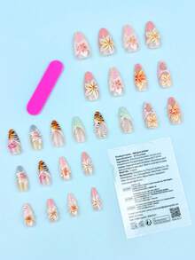 24pcs Western Style French Almond Shaped Press-On Nails, Decorated With Colorful Embossed Floral, Leopard Print And Rhinestones, Suitable For Girls And Women For Daily Wear, Beach Vacation, Party And Other Occasions - Multicolor - View 2