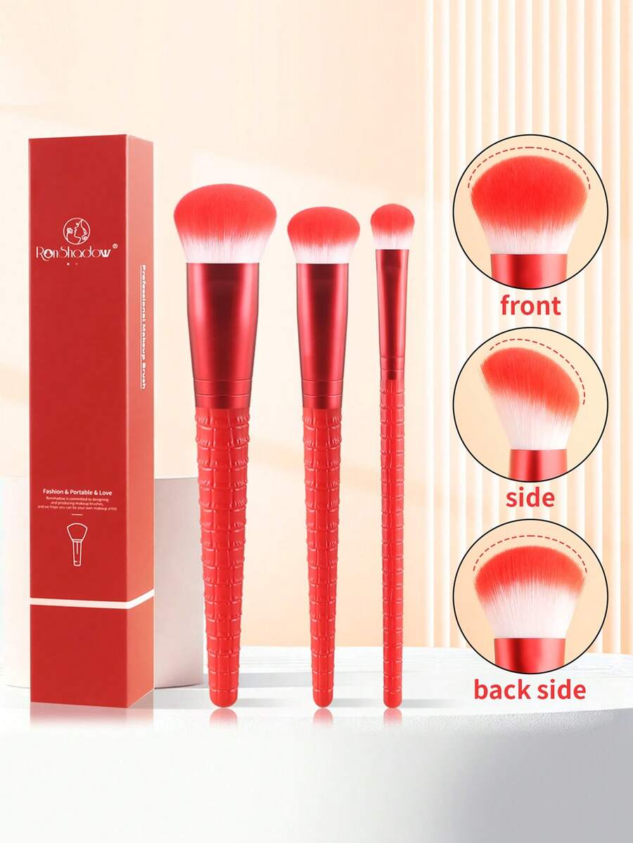 ronshadow Bộ 3 cọ trang điểm cán vân da cá sấu thiết kế góc nghiêng - Cọ đánh nền + Cọ má hồng + Cọ chi tiết phấn mắt, sợi kép siêu mềm dễ tán, kèm hộp quà sang trọng, cọ mỹ phẩm cầm tay tiện lợi - Nhiều màu - Xem 1