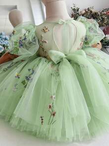 女嬰刺繡花瓣袖鏤空露背網紗公主裙，適合女孩生日派對、花童、婚禮、重要場合、節日慶祝禮服 - 薄荷綠 - 查看 1