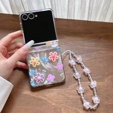 Custodia pieghevole per telefono con texture a piuma e fiori 3D con catena, adatta per Samsung Galaxy Z Flip3 5G/Galaxy Z Flip 4 5G/Galaxy Z Flip 5 5G/Galaxy Z Flip 6 5G/Galaxy Z Flip 7 5G, nuova custodia pieghevole artistica per telefono - Multicolore - Visualizzare 1